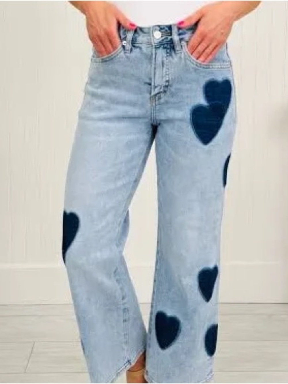 Light Blue Wide-Leg Jeans with Navy Heart Details
